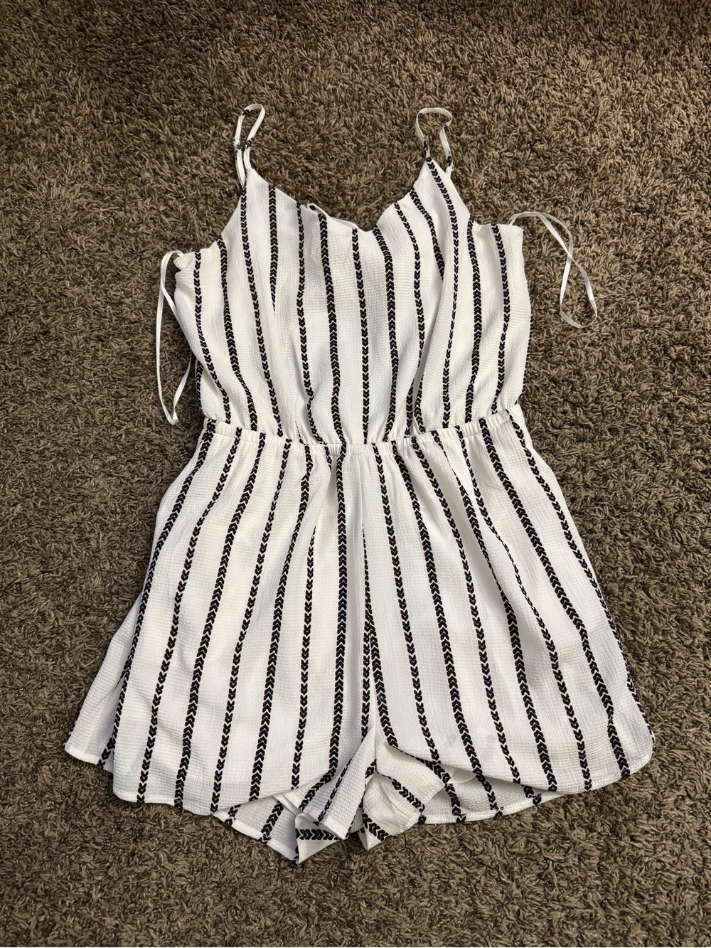 Striped White and Black Sleeveless One-Piece Romper